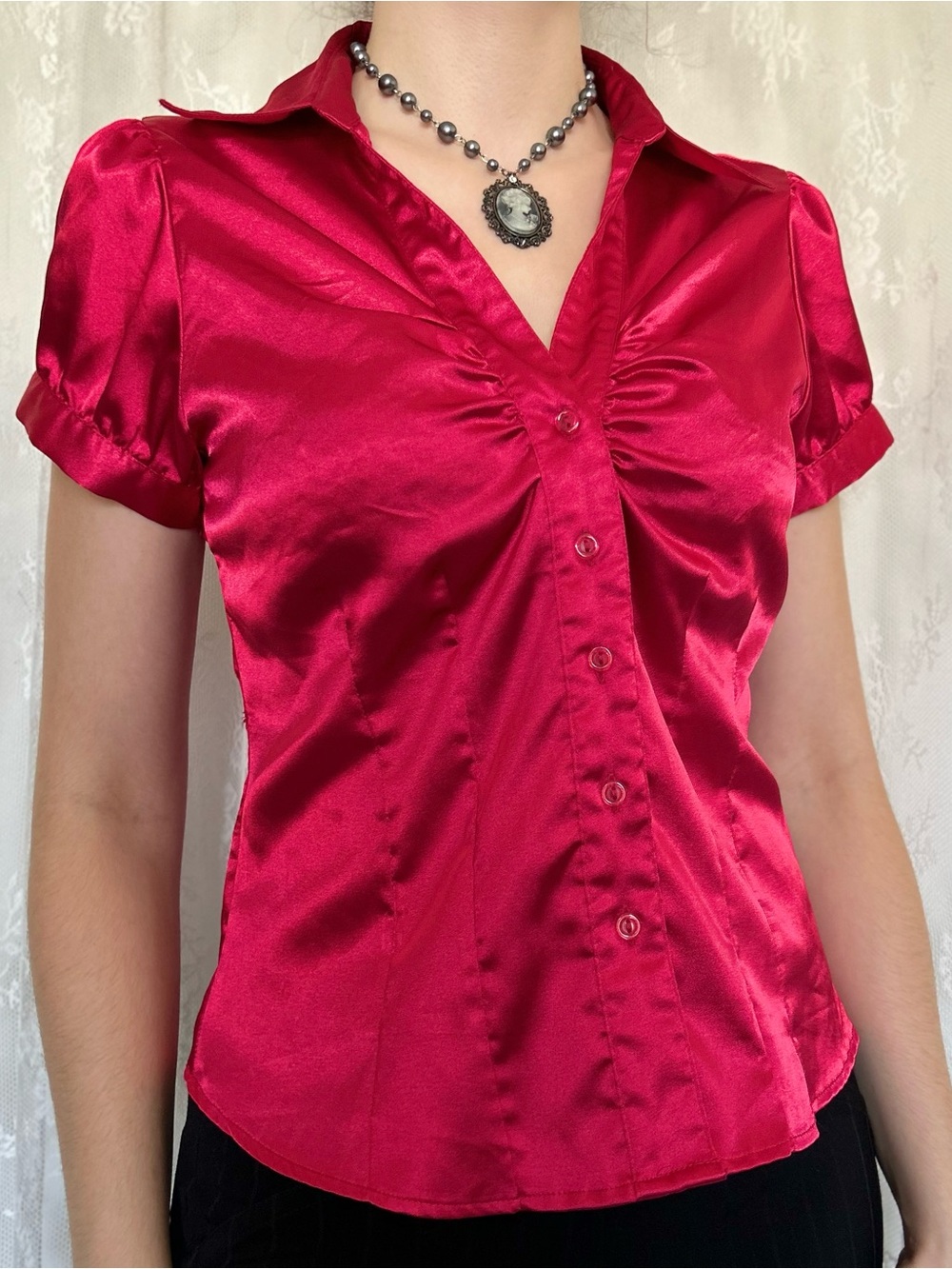 Vamp Red Silky Button Up Blouse